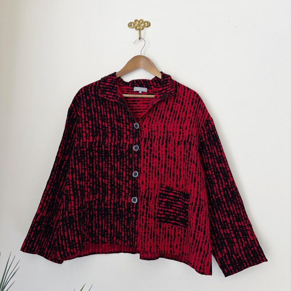 Habitat Red Striped Patch Pocket Button Up Shirt Large Lagenlook